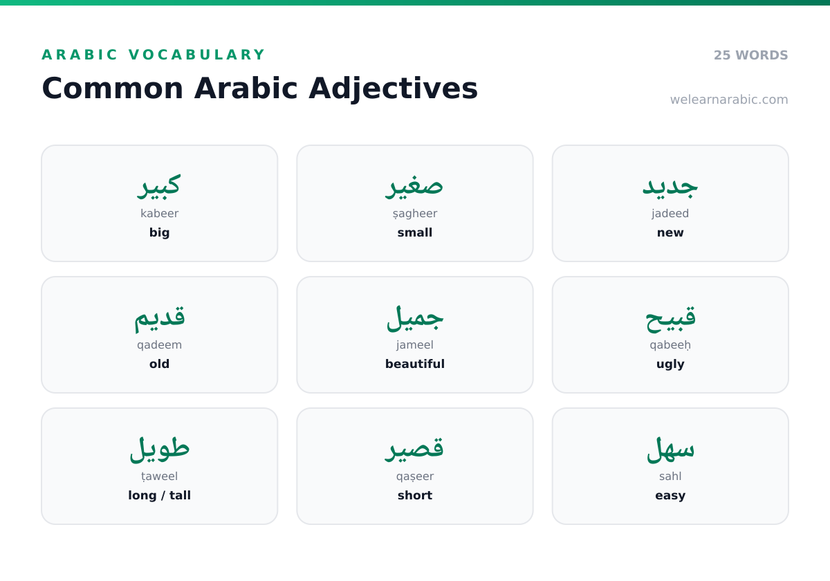 Word wall of common Arabic adjectives, including كبير (big), جميل (beautiful), جديد (new), and سعيد (happy).
