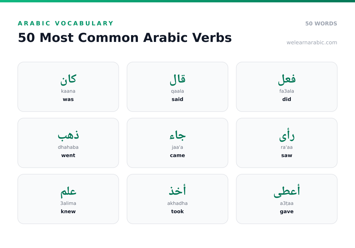 Word wall of the 50 most common Arabic verbs, including كتب (wrote), ذهب (went), أكل (ate), and فهم (understood).